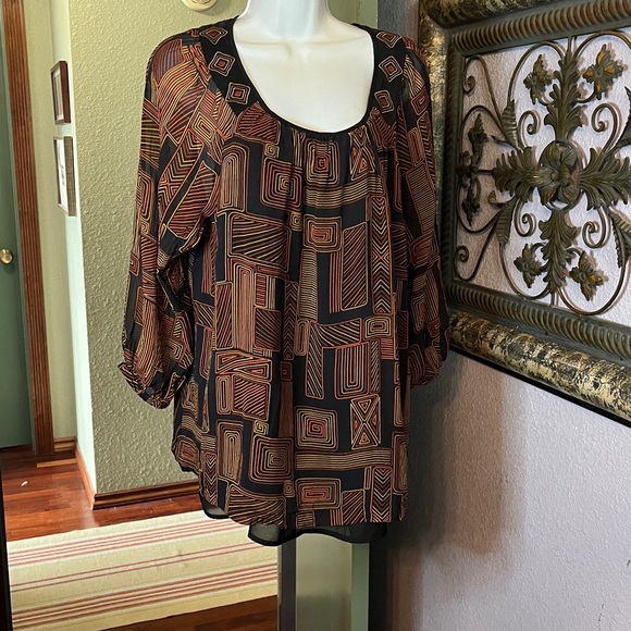 Bob Mackie Tops - VTG Bob Mackie Black & Orange  Geometric Print Blouse Sz L- wearable art